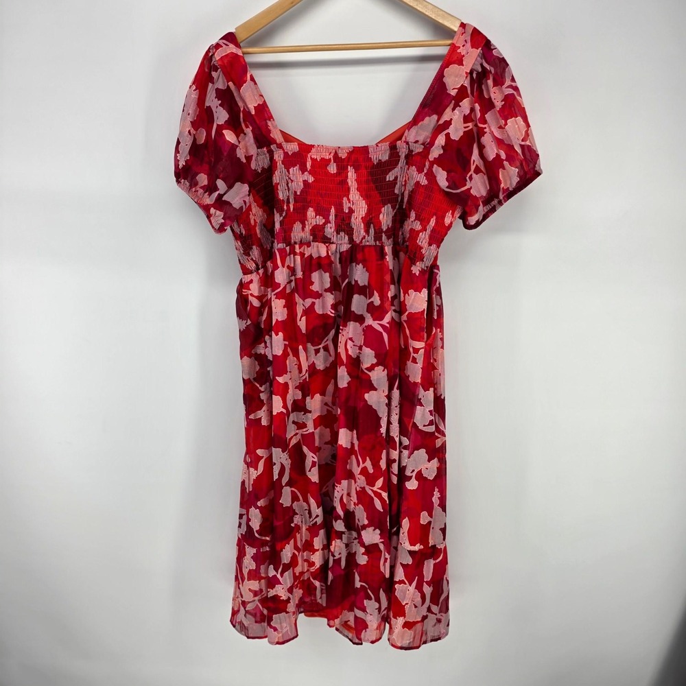Torrid Dress Womens 1 Red Floral Smocked Chiffon Puff Sleeve Mini Boho Summer